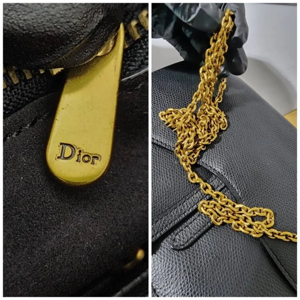 Authentic CHRISTIAN DIOR Grained Calfskin Wallet on Chain Black